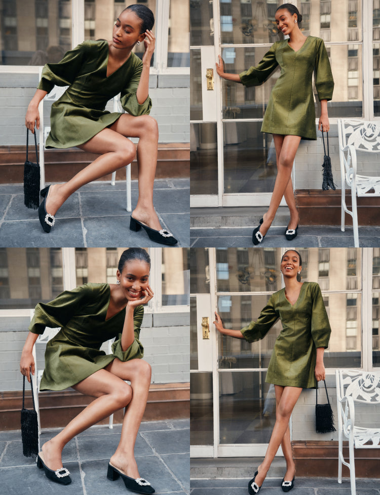 A grid of 4 images featuring a woman wearing a green mini dress with puff sleeves, styled with a black fringe purse, and black velvet heels.