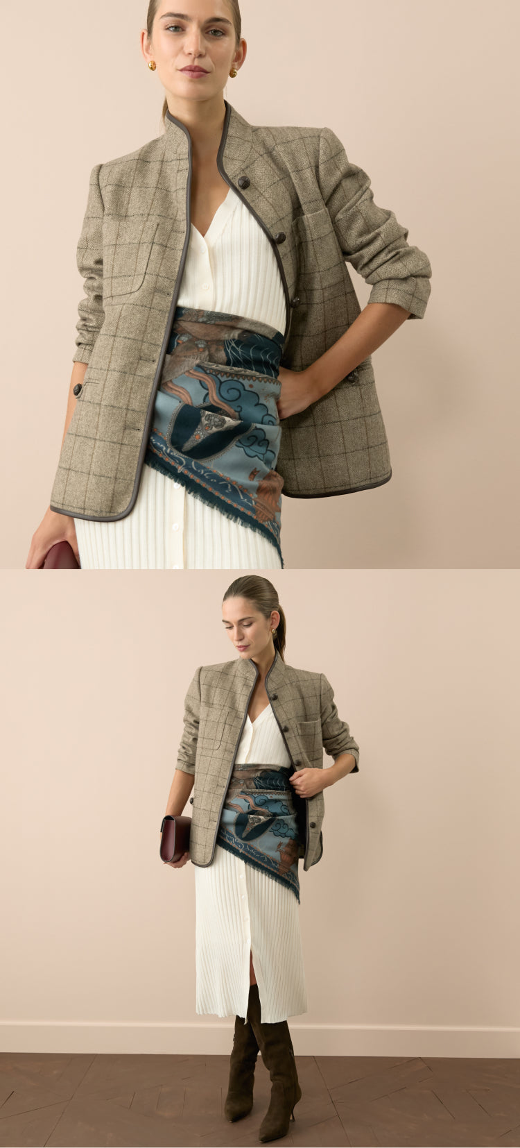 Woman in a wheat plaid jacket, cream sweater dress, and a blue scarf. 