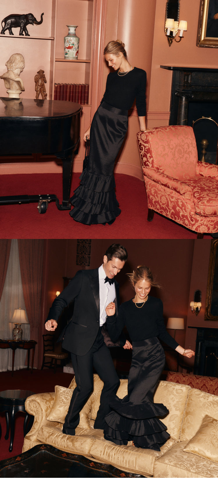 Two images featuring a man and woman in black party attire. The top image features a woman wearing a black cashmere top and black maxi skirt leaning against a red chair. The bottom image features a man, wearing a black suit, and woman, wearing a black cashmere top and black maxi skirt,  jumping on a gold couch.