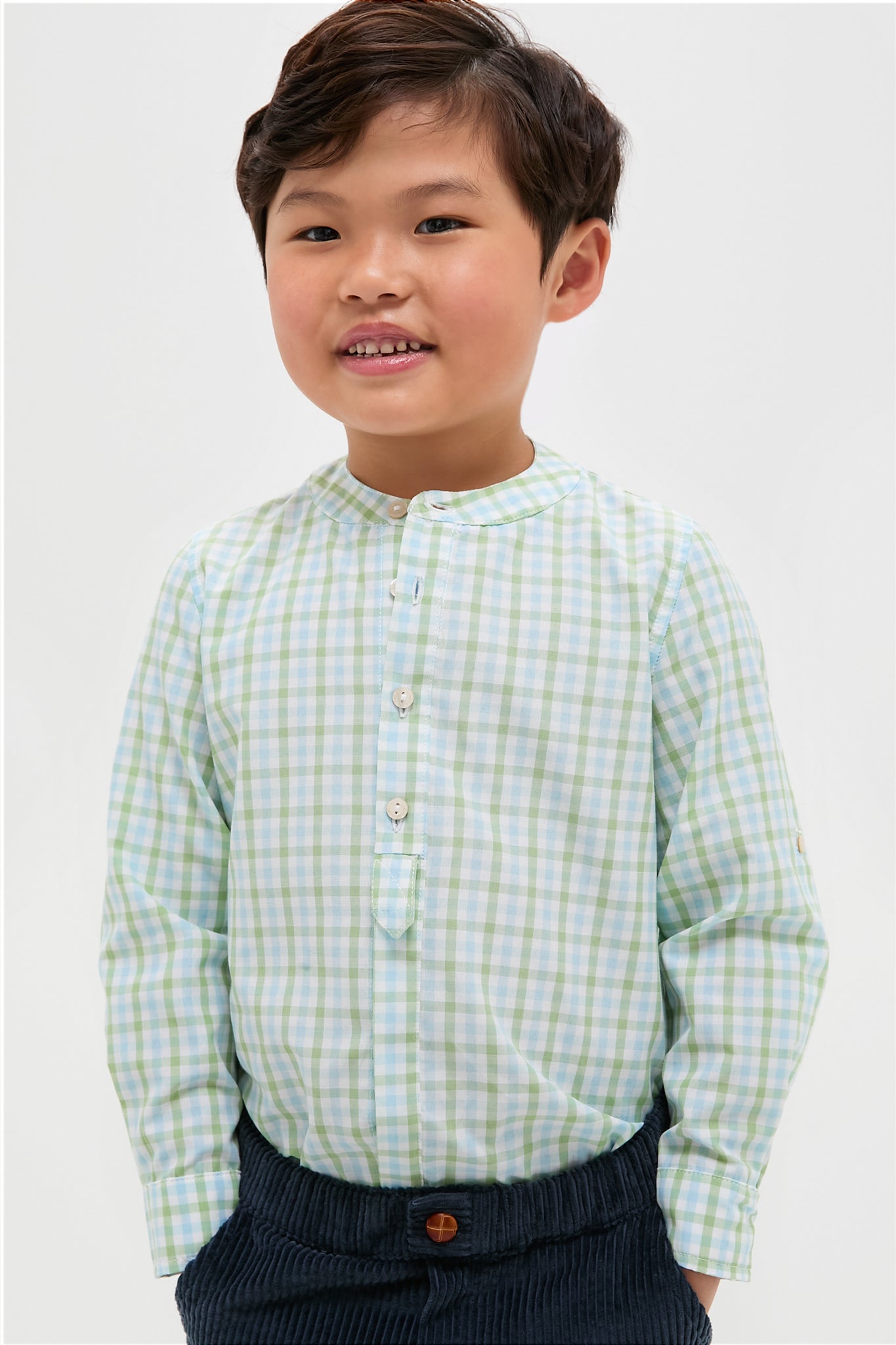 Maxwell Gingham Mao Collar Long Sleeve Shirt in Green