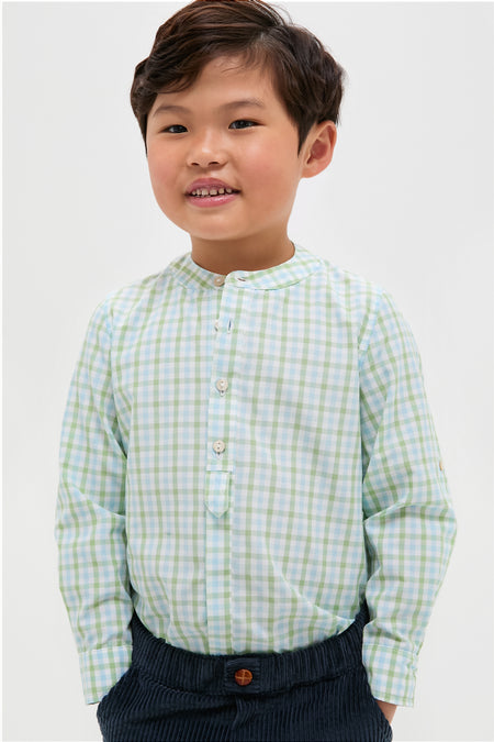 Maxwell Gingham Mao Collar Long Sleeve Shirt in Green