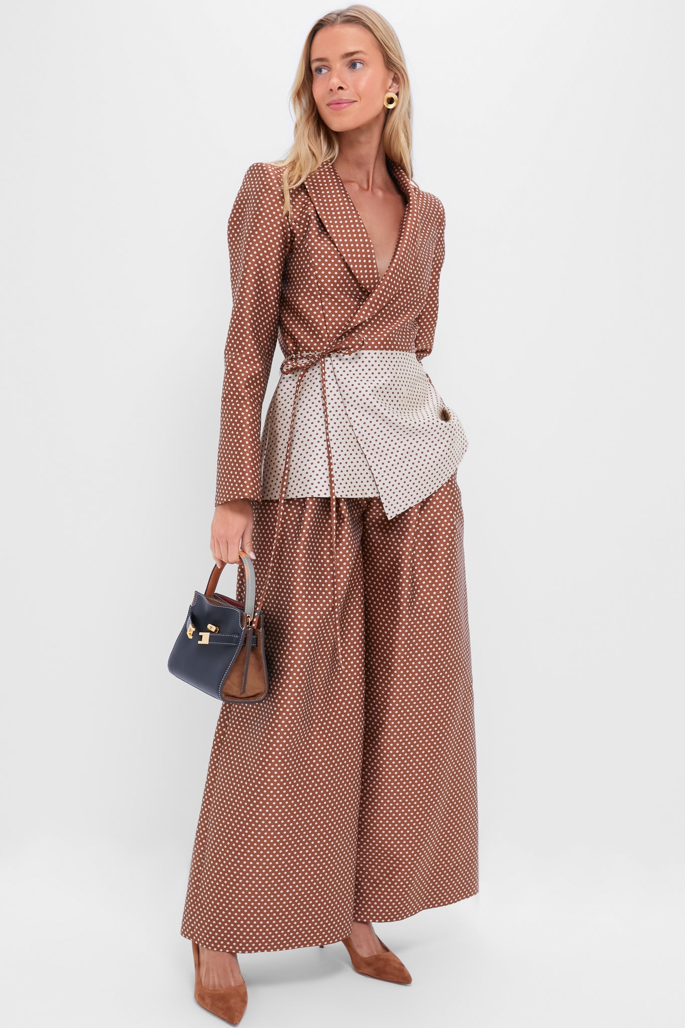 Brown and Cream Wide Leg Pleat Pleat Pants