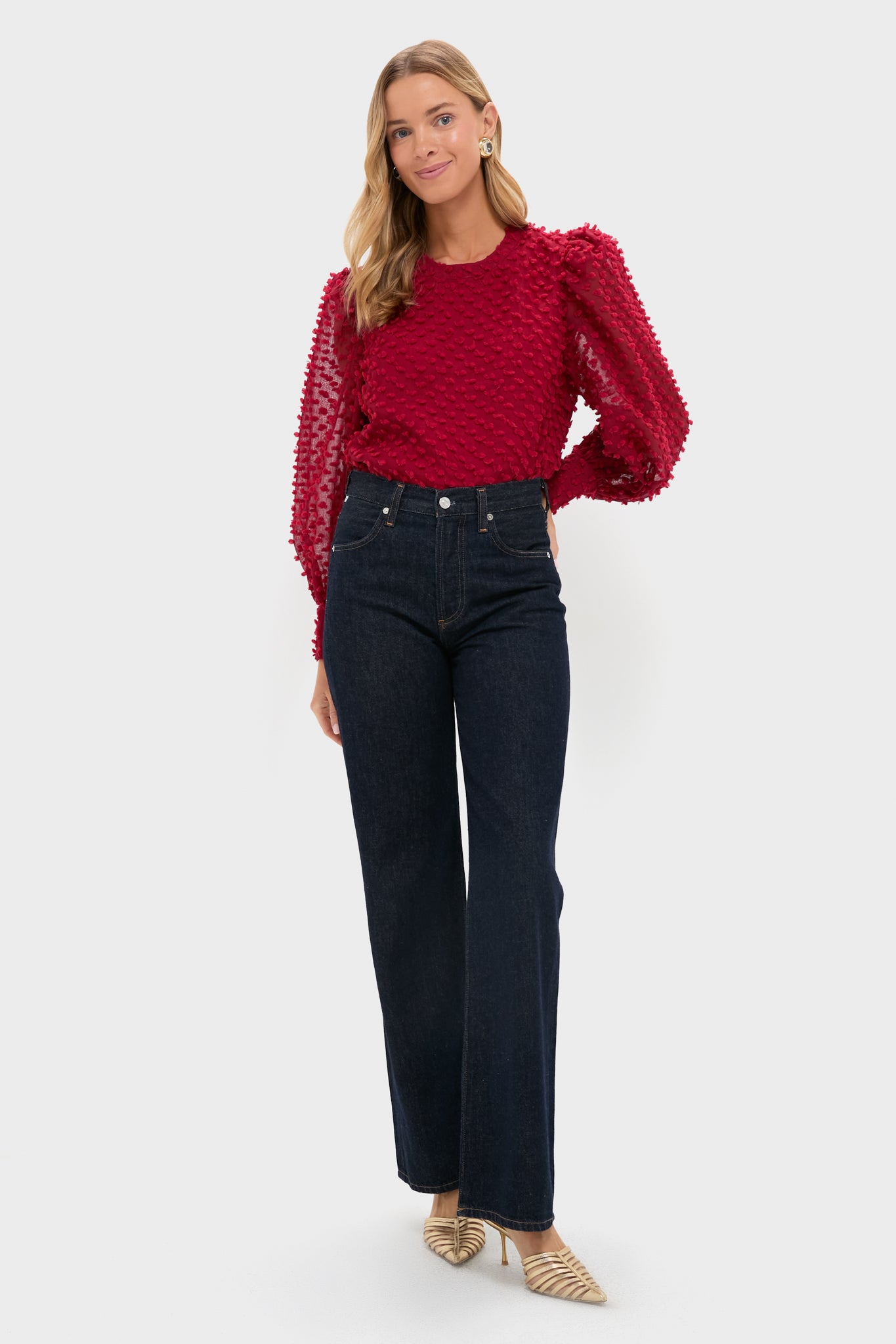 Red Textured Long Sleeve Harriet Blouse