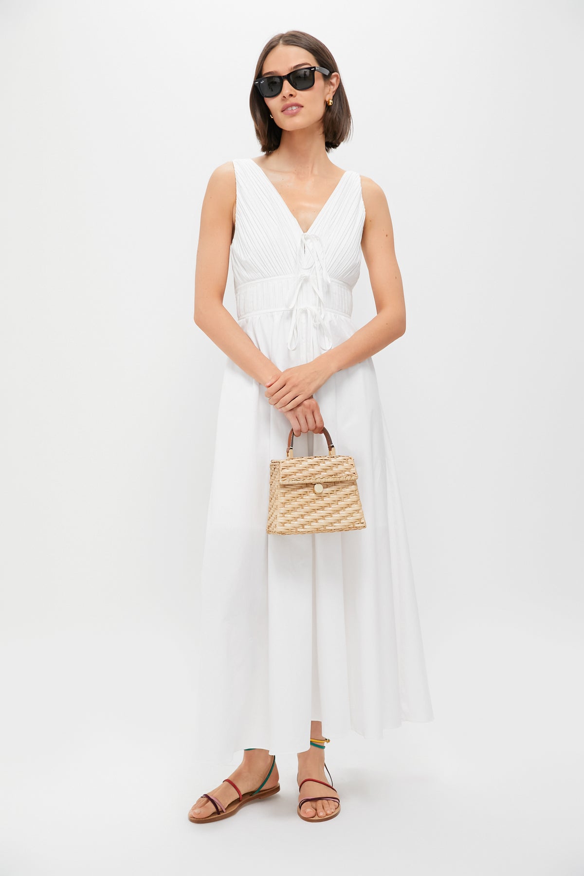 White V-Neck Pleated Midi Dress