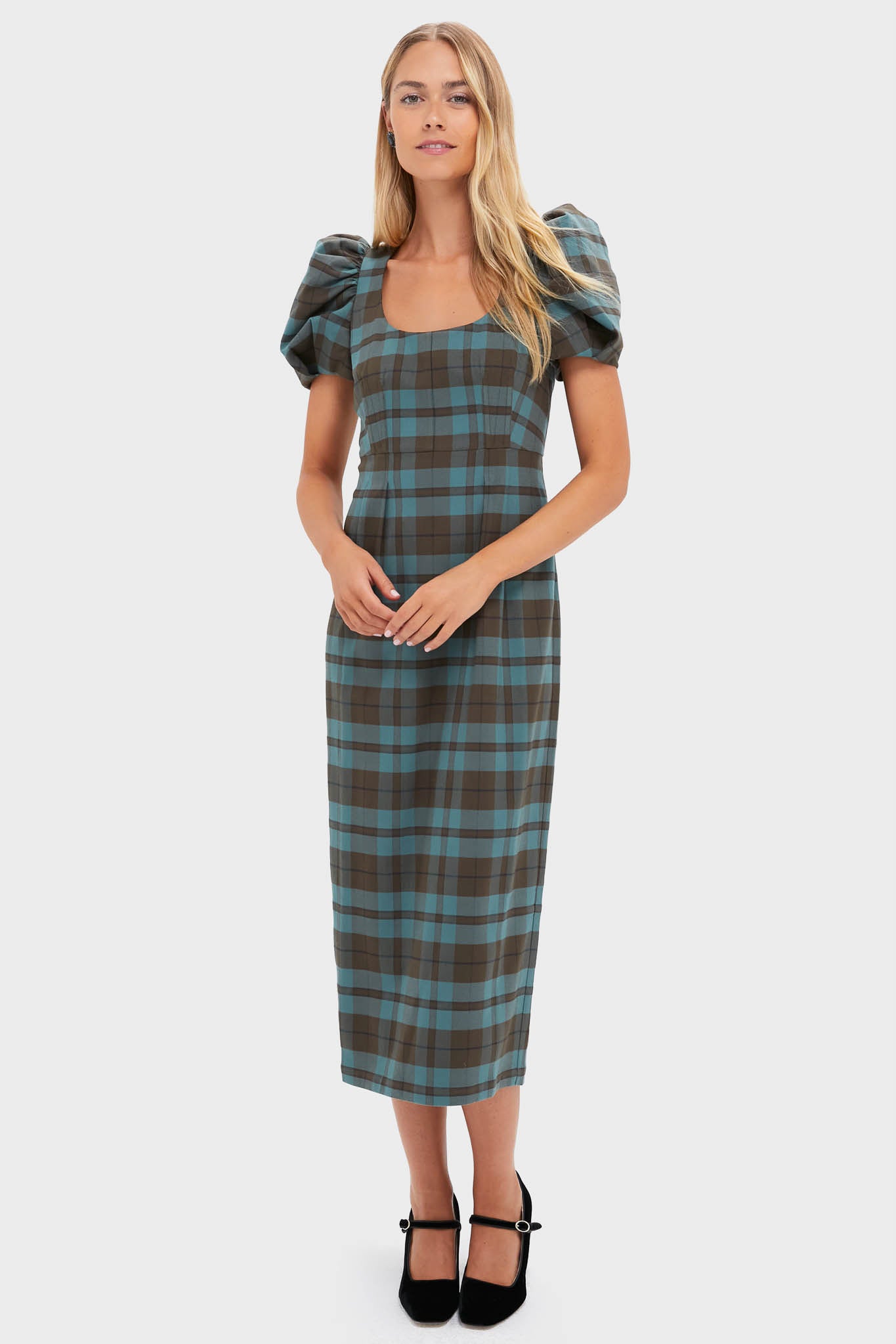 green plaid dress women Rihoas Sleeveless Mini Dress, / S 3/4 sleeves with elastic cuffs Green Plaid Wool Swing Dress