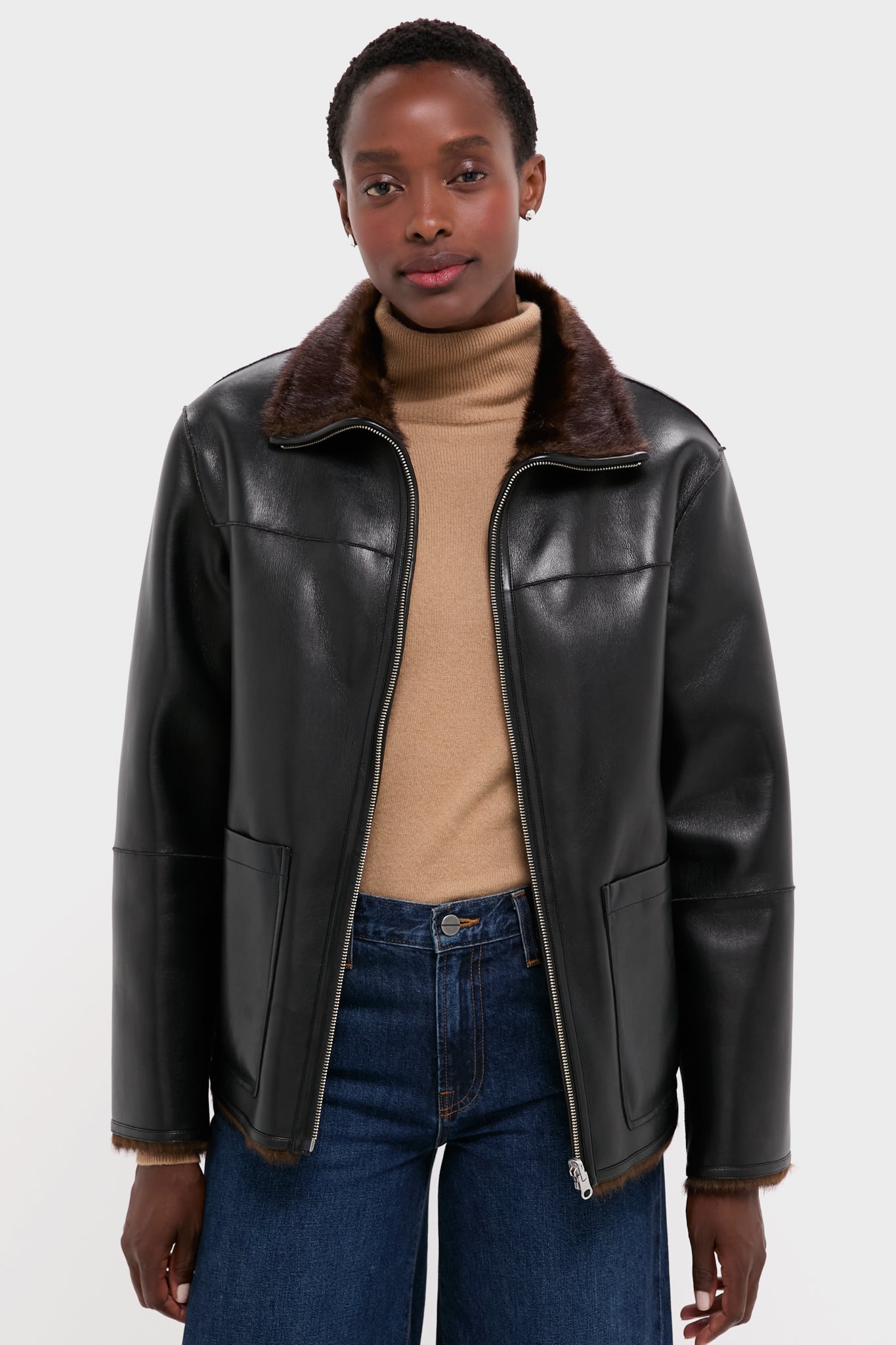 Black and Brown Reversible Brella Jacket | Stand Studio Black and Brown Reversible Brella Jacket | Stand Studio