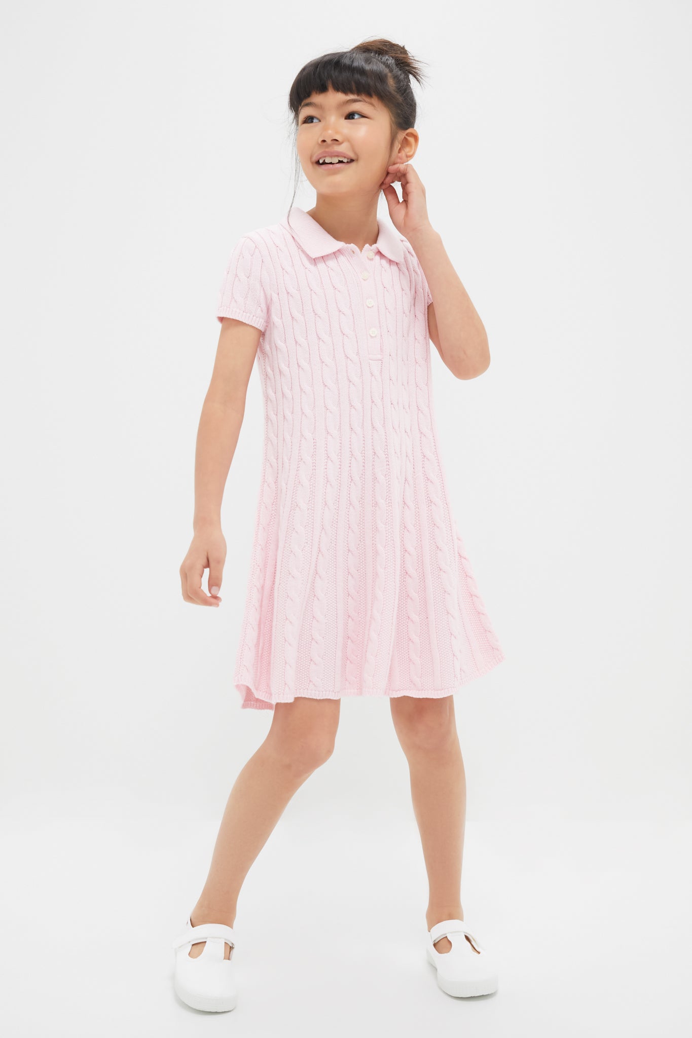 Girls Short-Sleeve Cotton Cable Knit Polo Dress