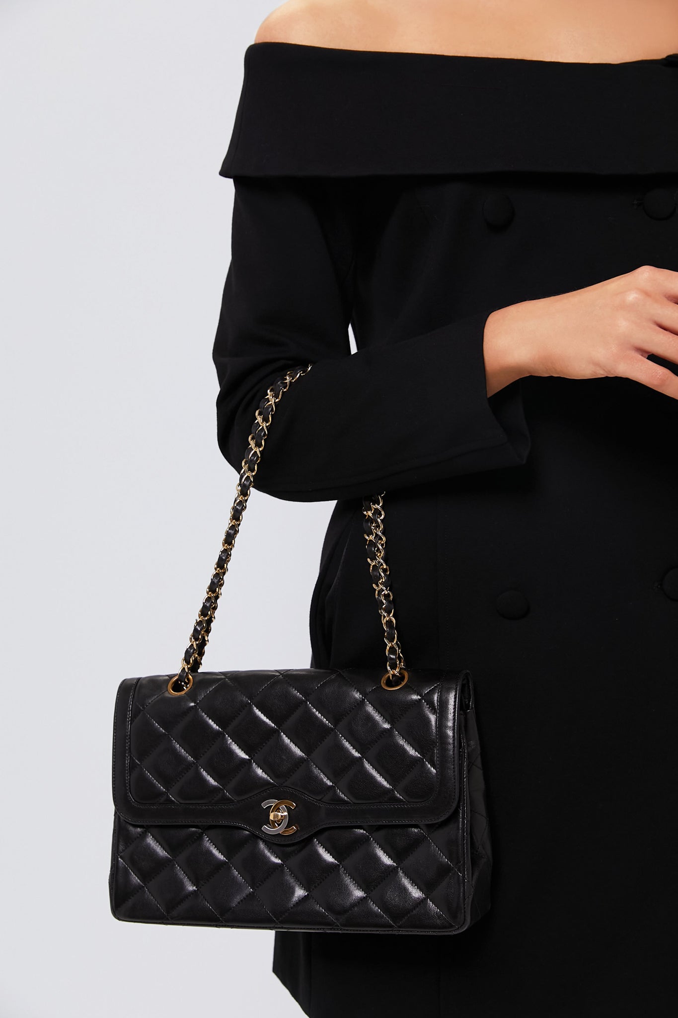 CHANEL Black Lambskin Quilted Medium Paris Limited Double Flap Shoulder Bag
