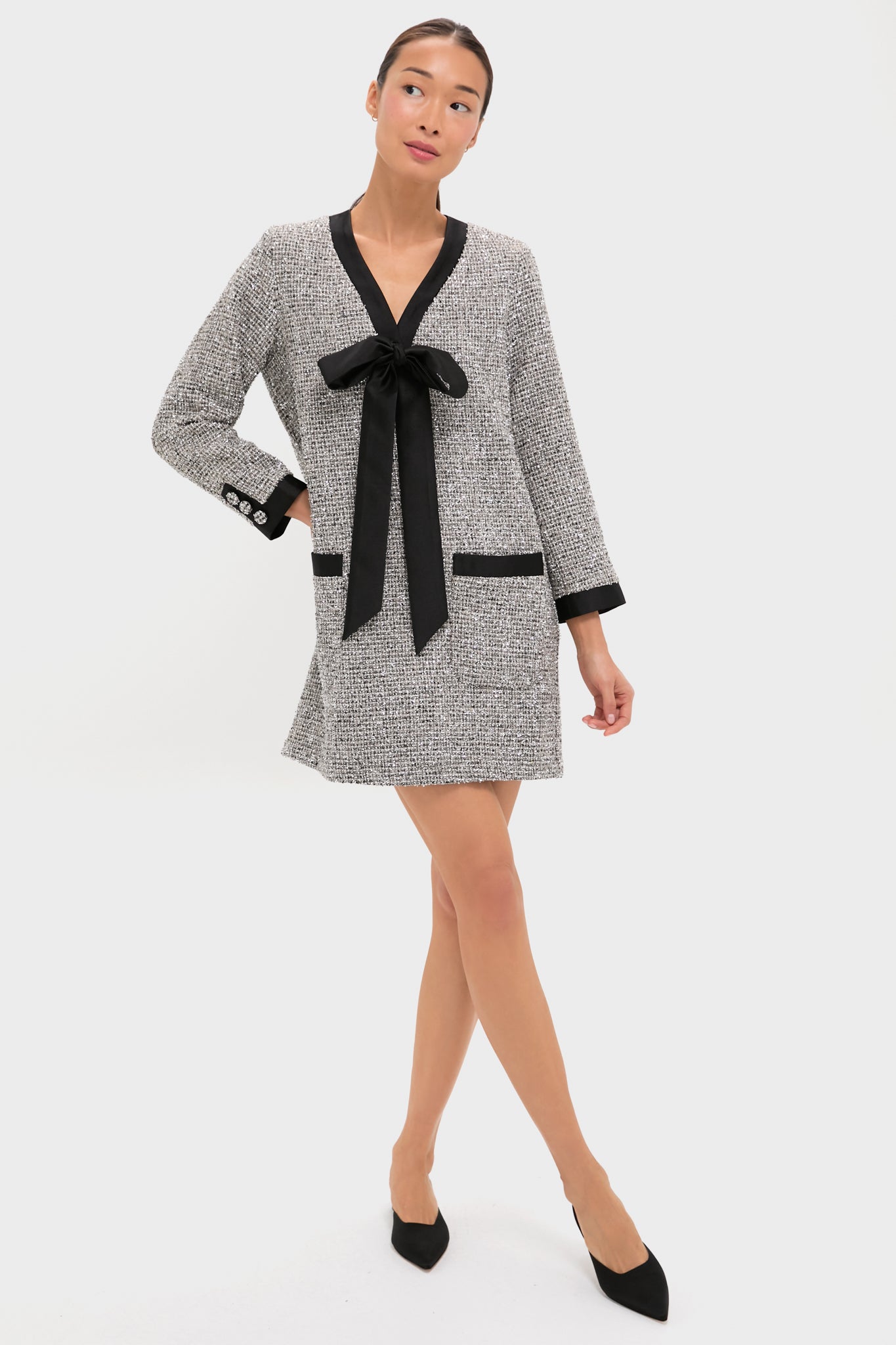 Pomander Place Silver Coco Tweed Bow Dress Silver / XXS Pomander Place Silver Coco Tweed Bow Dress Silver / XXS