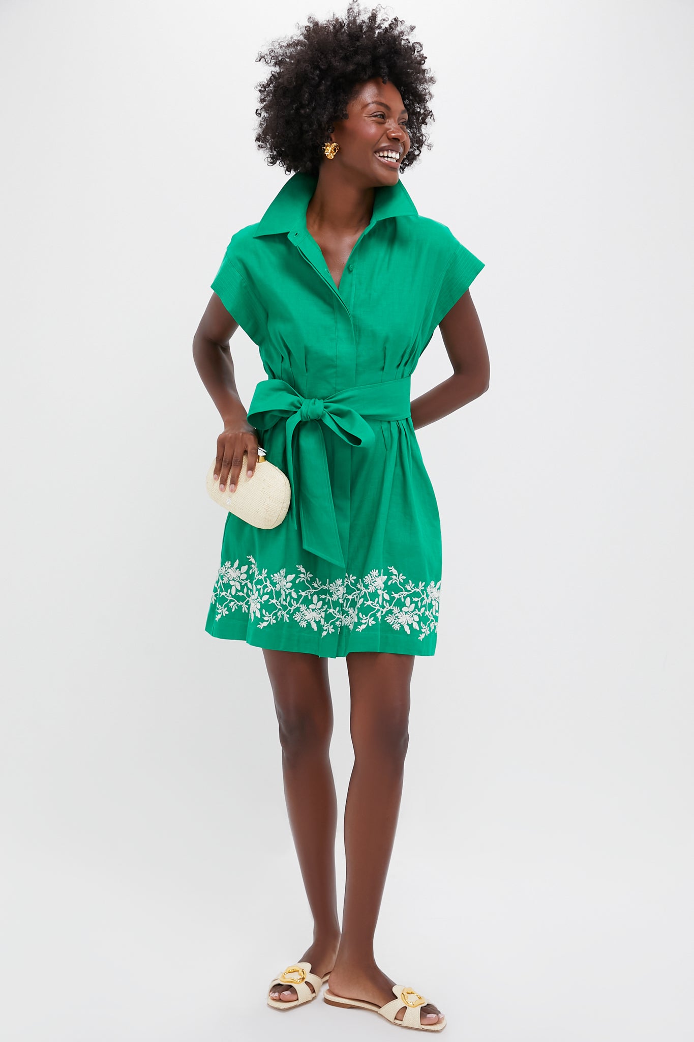 Garden Green Embroidered Cotton Linen Mini Callie Dress