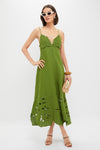 Green Monstera Embroidery Midi Dress