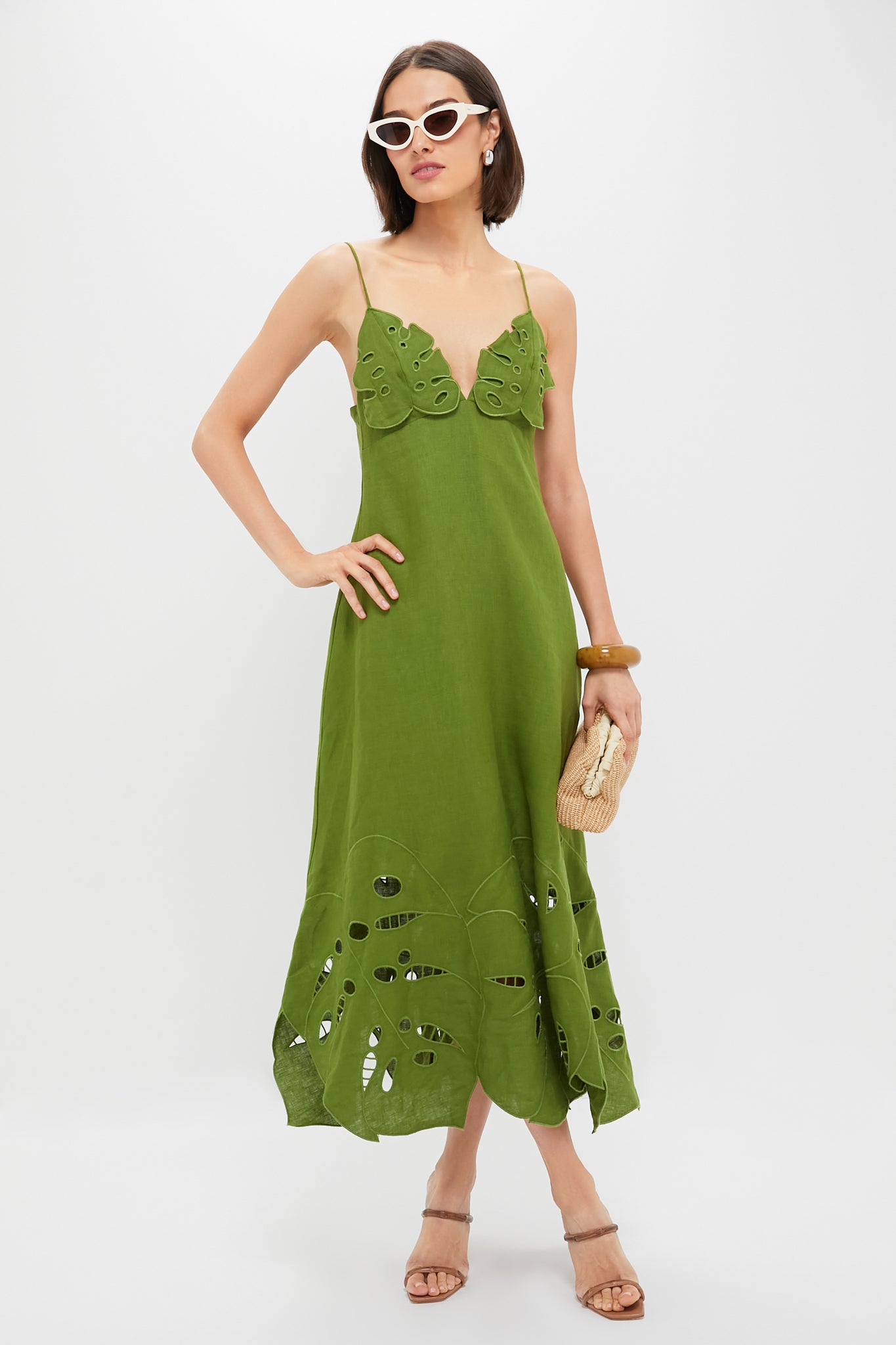 Green Monstera Embroidery Midi Dress