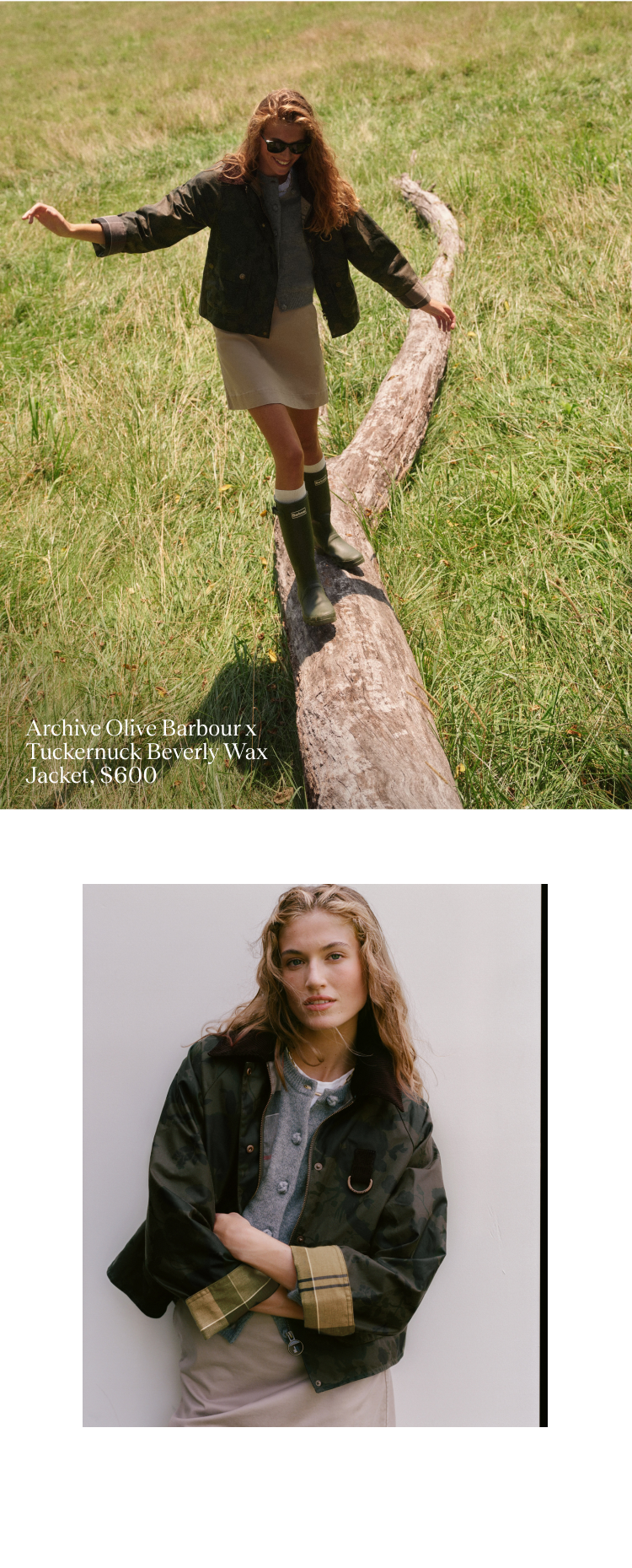 Image one: Woman walking on a log in a cropped jacket, khaki skirt, and rain boots. Image two: Woman in a cropped jacket, grey sweater, and khaki skirt. 