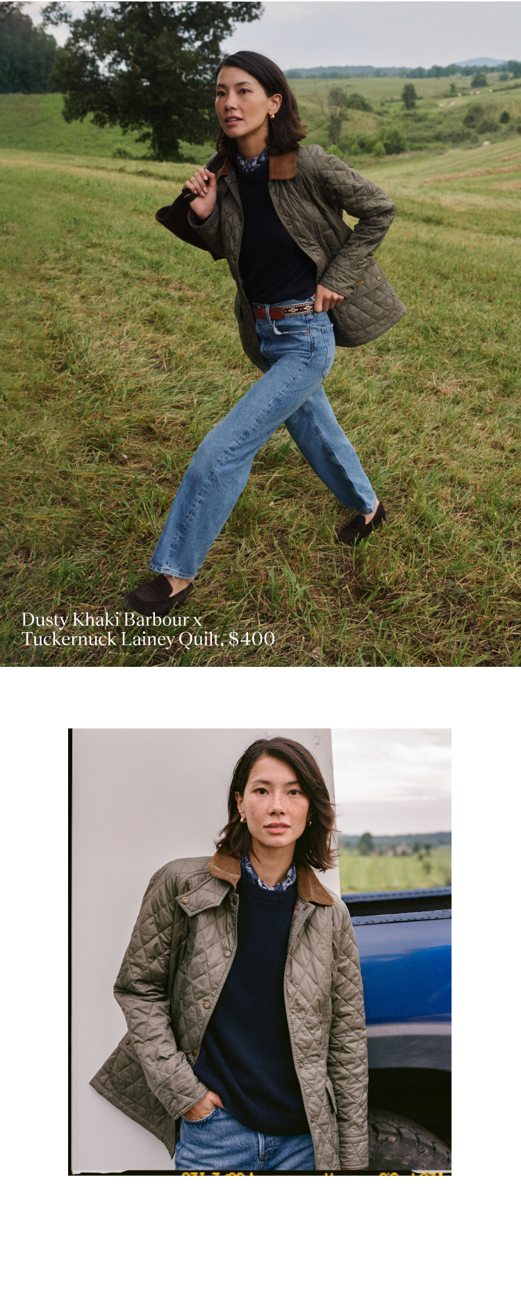 Image one: Woman walking in a field in a khaki jacket, navy sweater, and jeans. Image two: Woman in a khaki jacket. 