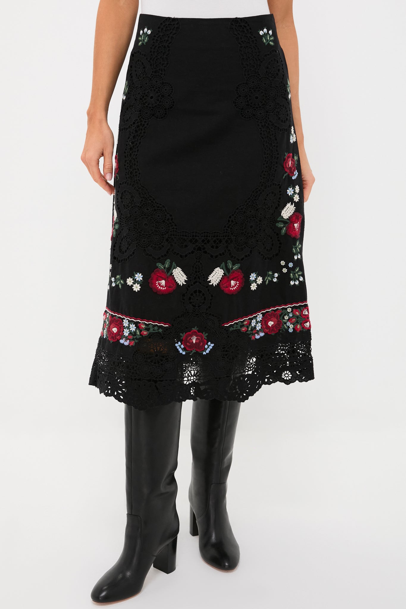 Black Rosaline Embroidery Midi Skirt | Sea New York
