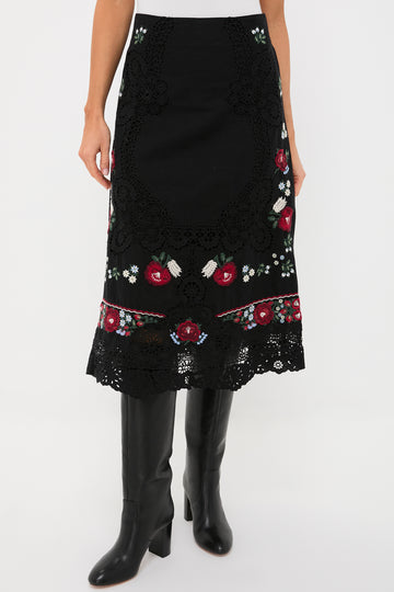 Black Rosaline Embroidery Midi Skirt