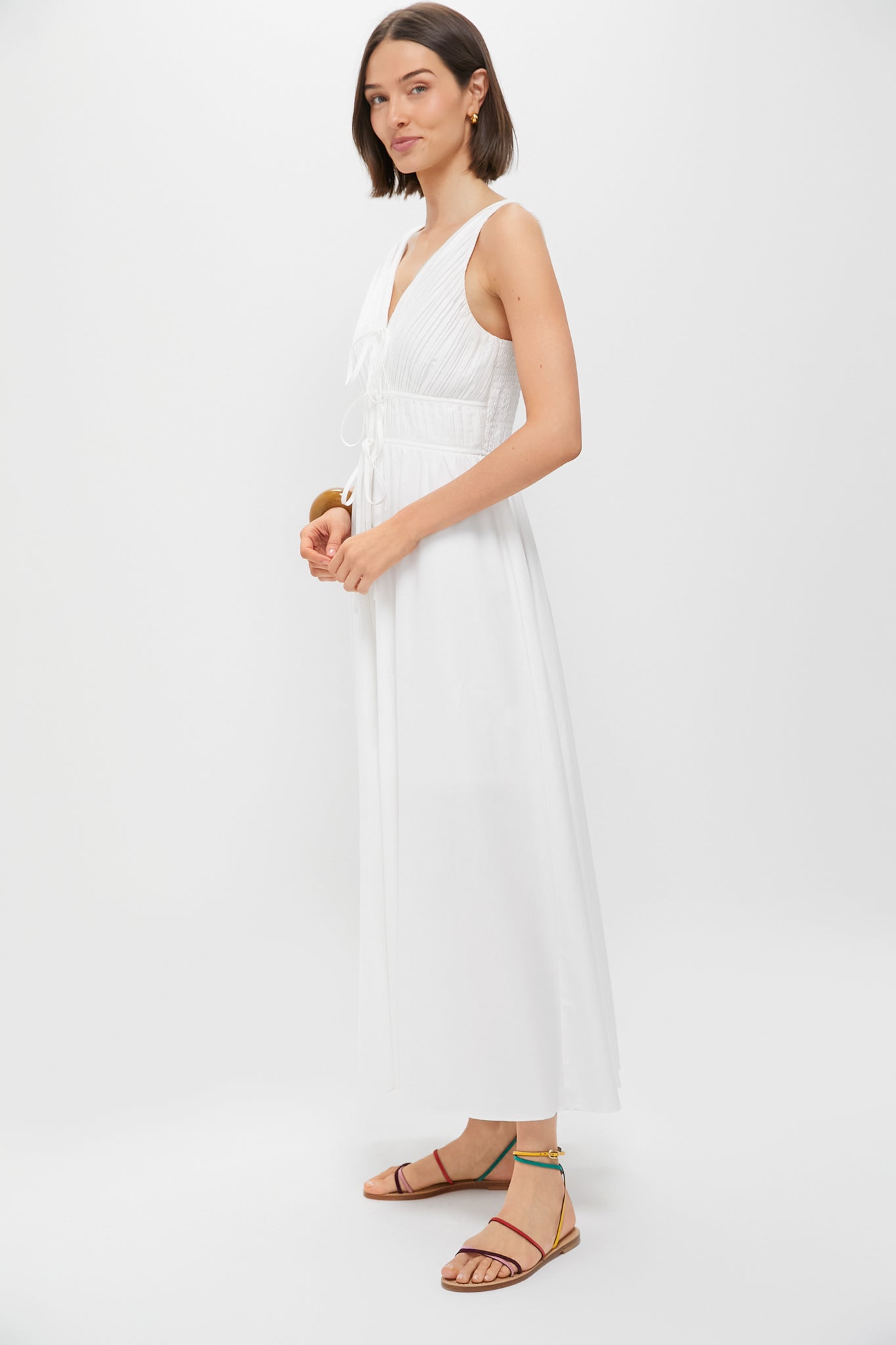 White V-Neck Pleated Midi Dress