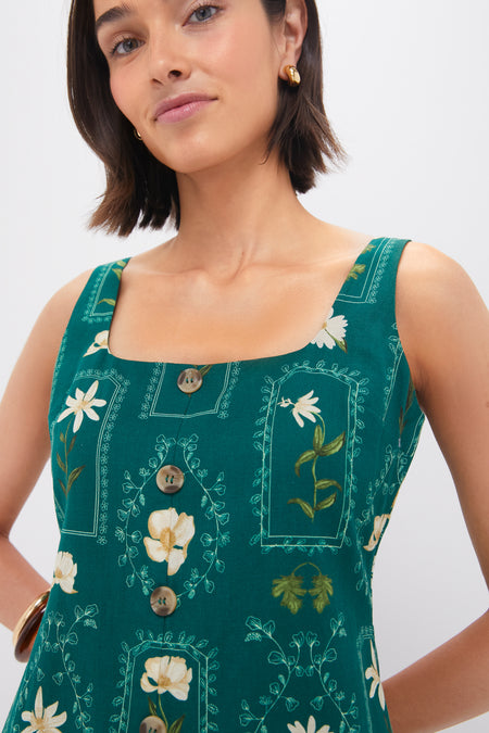 Teal Stem Merrit Mini Dress featuring a classic square neckline, effortless faux button detail, and fun tortoiseshell-look buttons, paired with chunky gold hoop earrings.