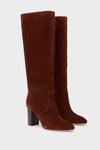 Espresso Suede Goldy Boots: Classic knee-high suede boots with a slightly pointed toe and block heel, offering effortless style and comfort for chic, fun, high-end outfits.