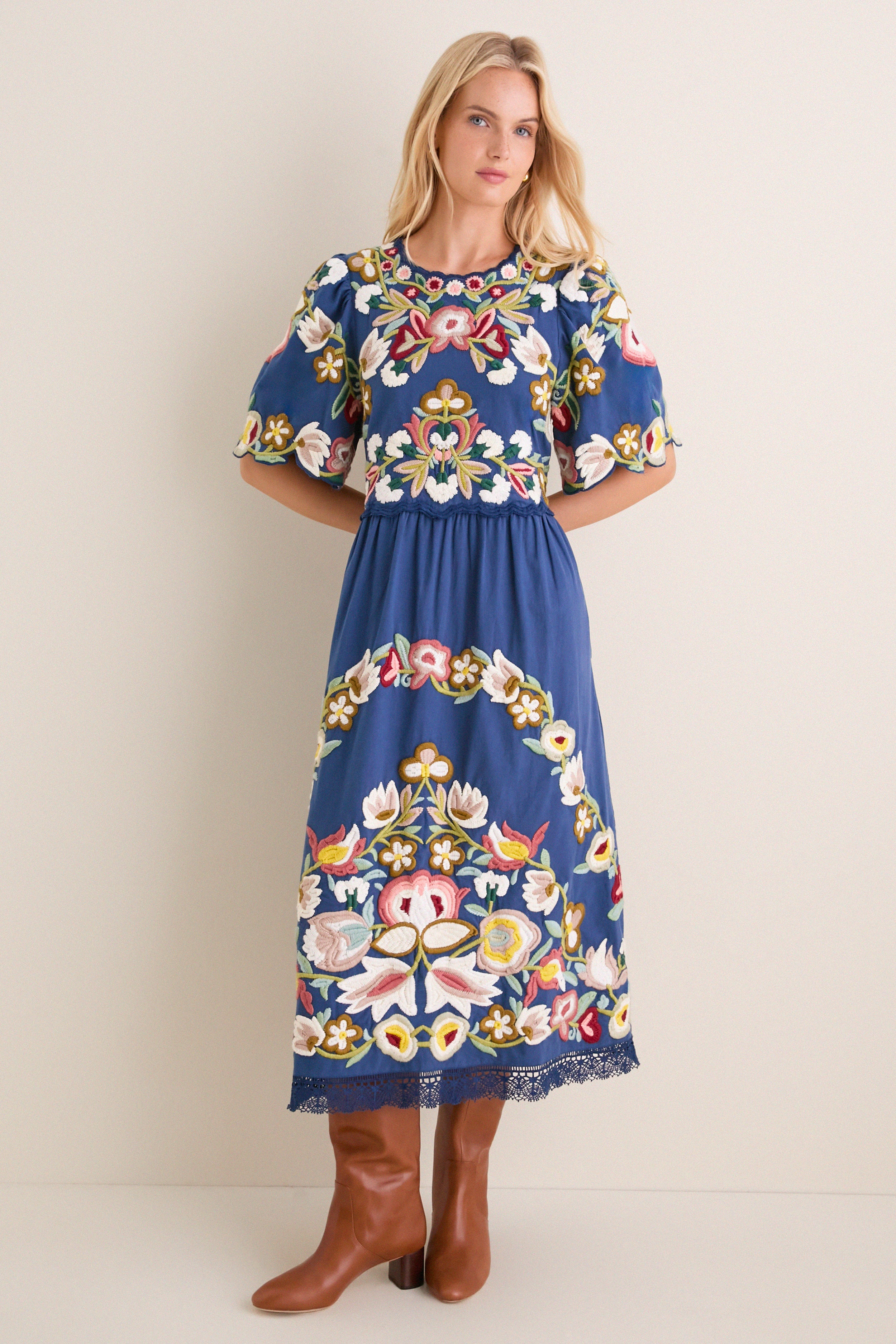Blue Wilhelmina Embroidery Short Sleeve Midi Dress