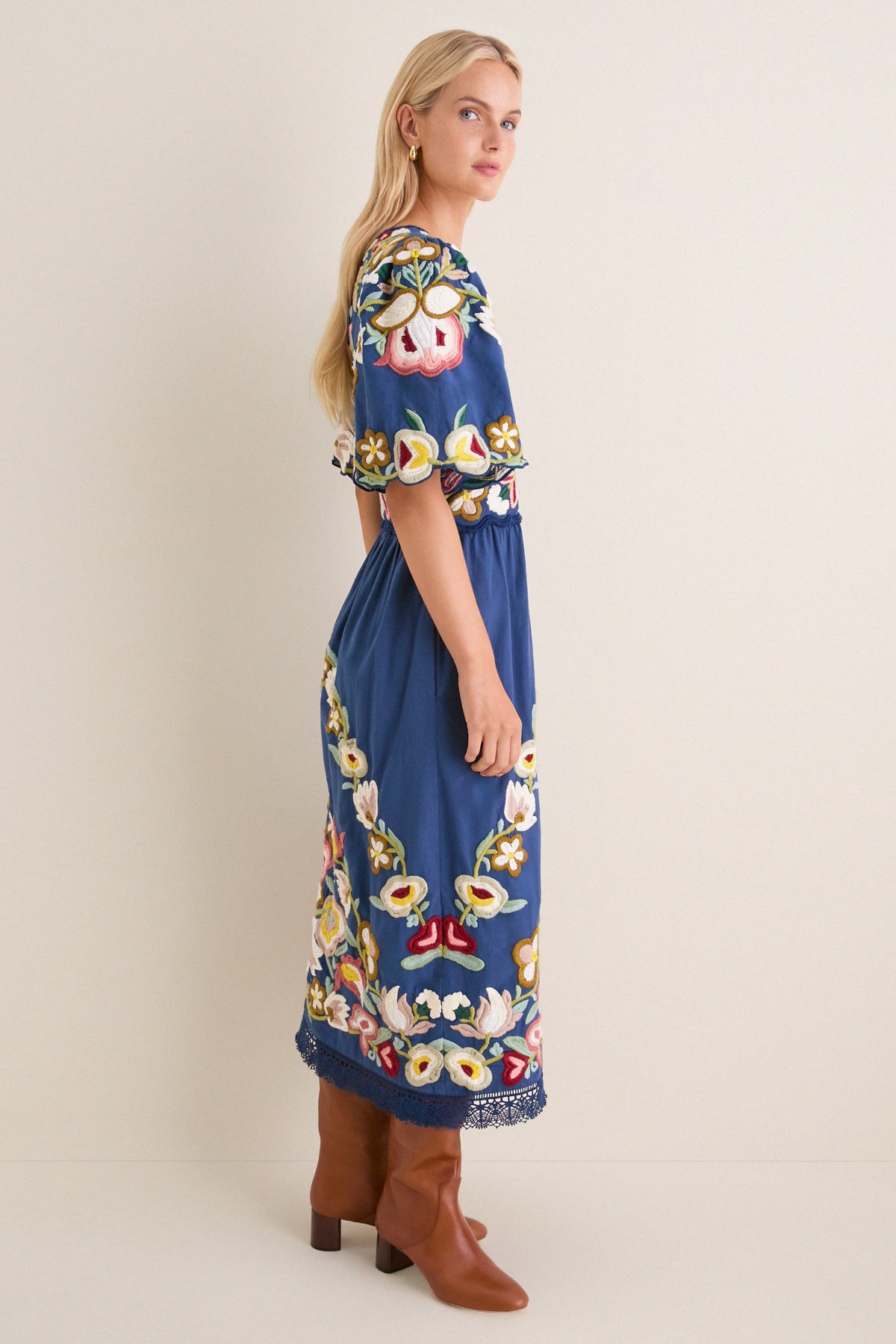 Blue Wilhelmina Embroidery Short Sleeve Midi Dress