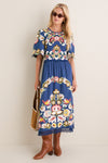 Blue Wilhelmina Embroidery Short Sleeve Midi Dress