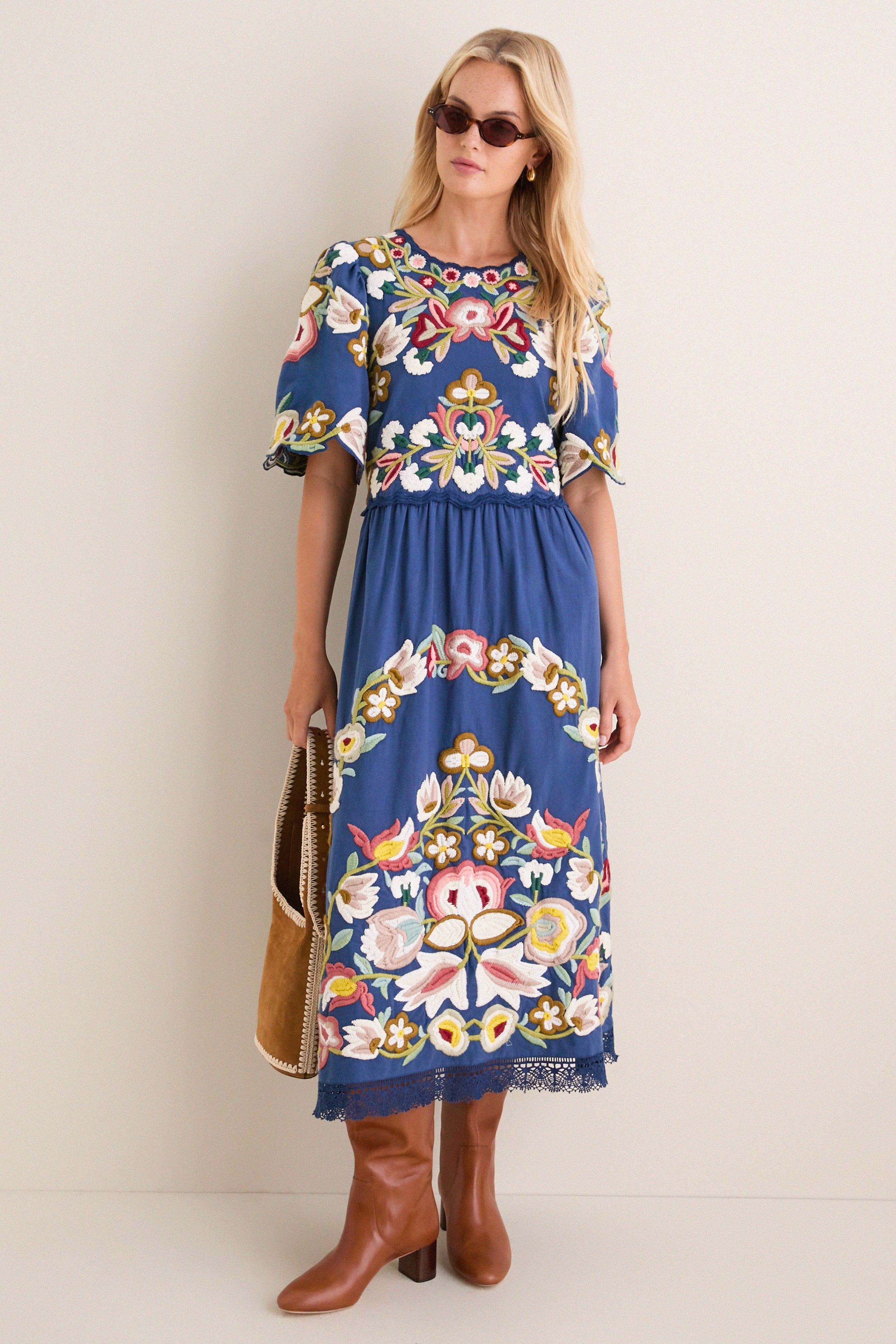 Blue Wilhelmina Embroidery Short Sleeve Midi Dress