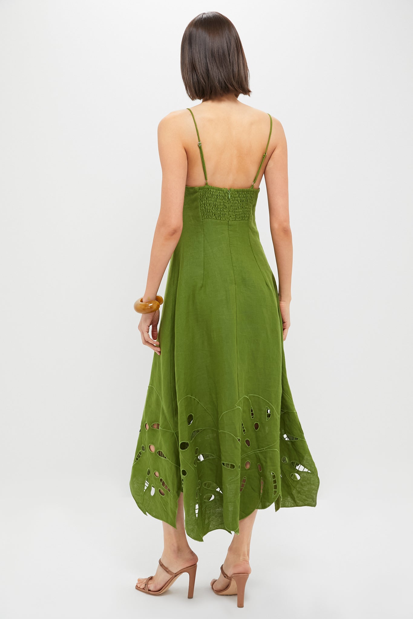 Green Monstera Embroidery Midi Dress