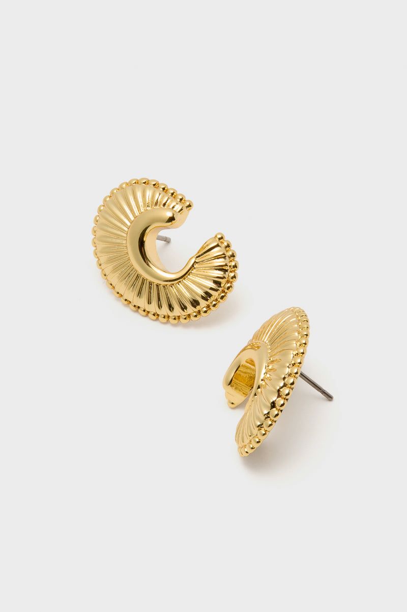 Gold Michelle Earrings: Classic gold-tone studs with a fluted, beaded edge, offering an effortless, high-end look. Perfect for adding fun elegance to any occasion.