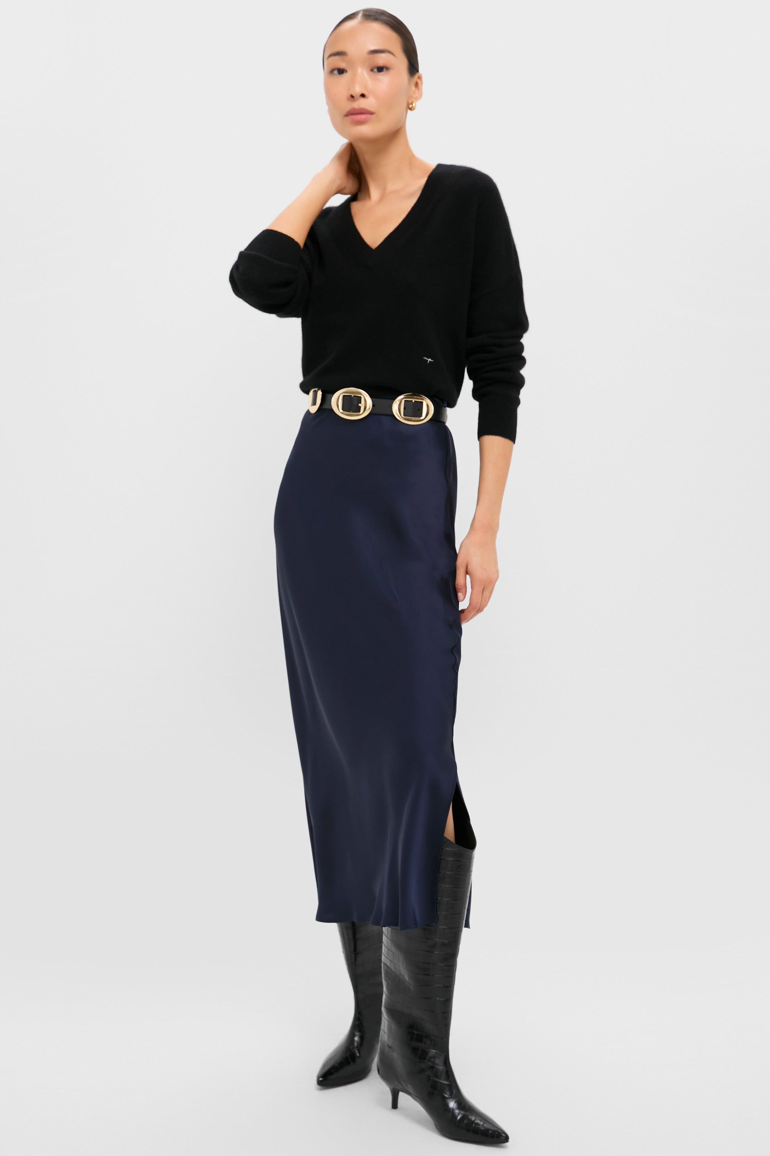Black Emma Cashmere Boyfriend V-Neck Sweater