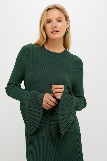 Dark Green Bell Sleeve Rib Sweater