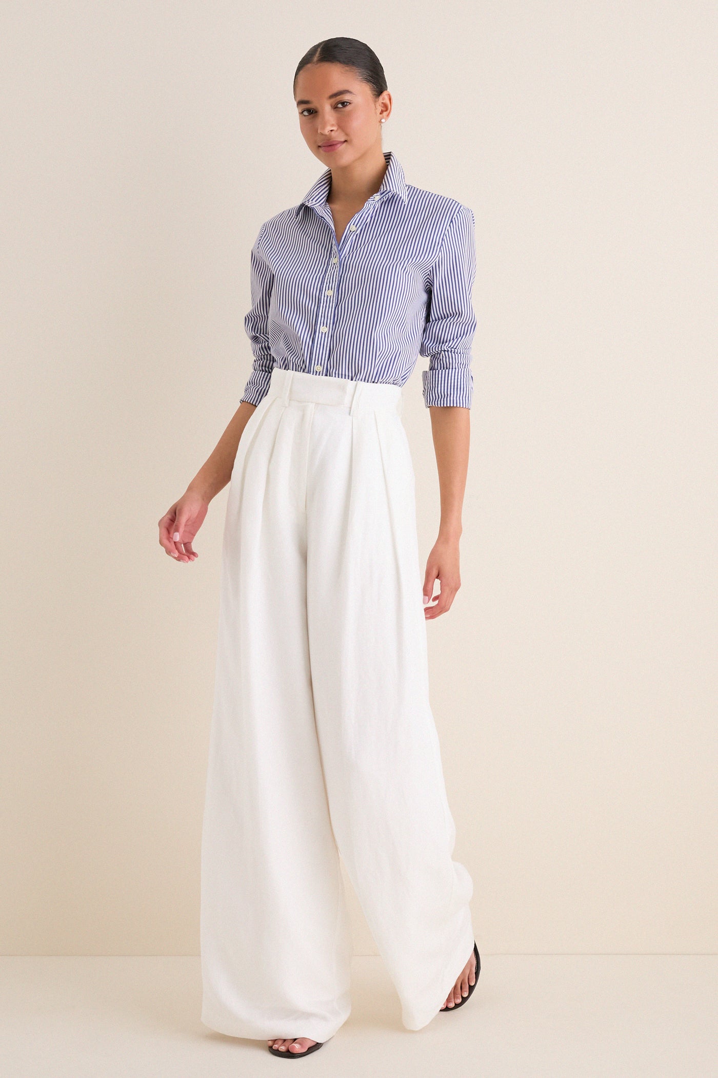 The Shirt by Rochelle Behrens Blue and White Stripe Boyfriend Shirt Blue White Stripe / XS