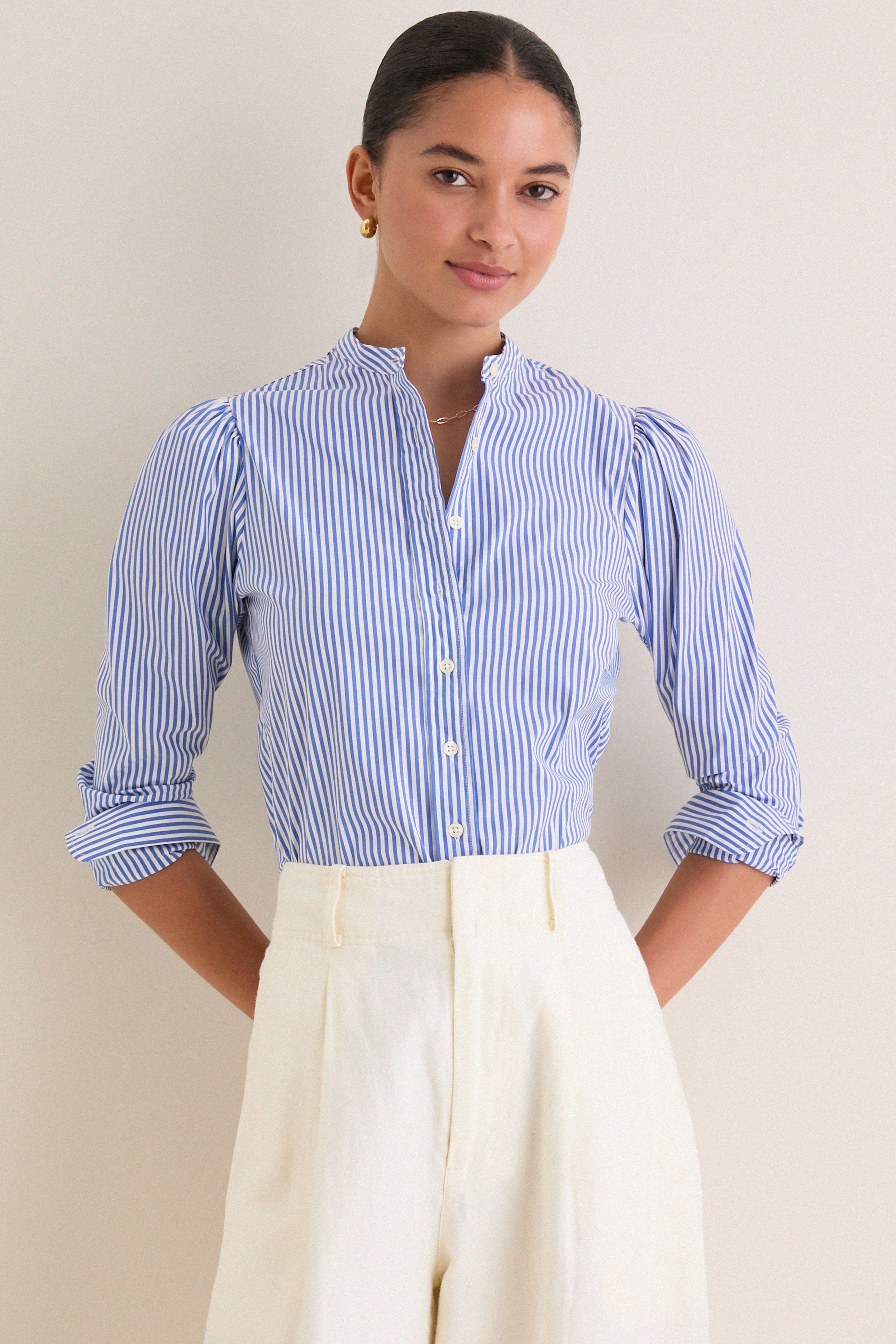 Blue and White Stripe Puffed Shoulder Shirt