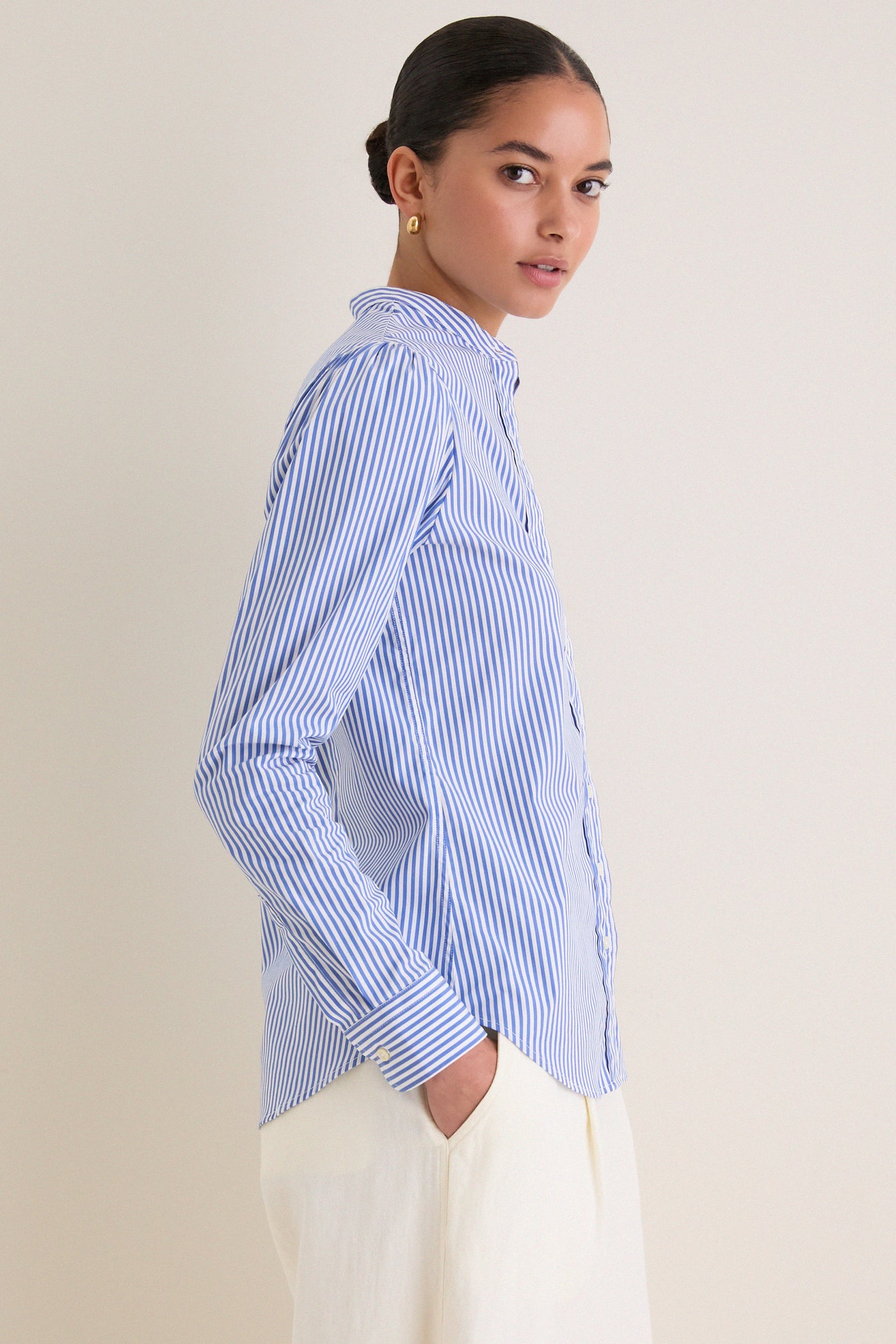 The Shirt by Rochelle Behrens Blue and White Stripe Puffed Shoulder Shirt Blue White Stripe / S The Shirt by Rochelle Behrens Blue and White Stripe Puffed Shoulder Shirt Blue White Stripe / S