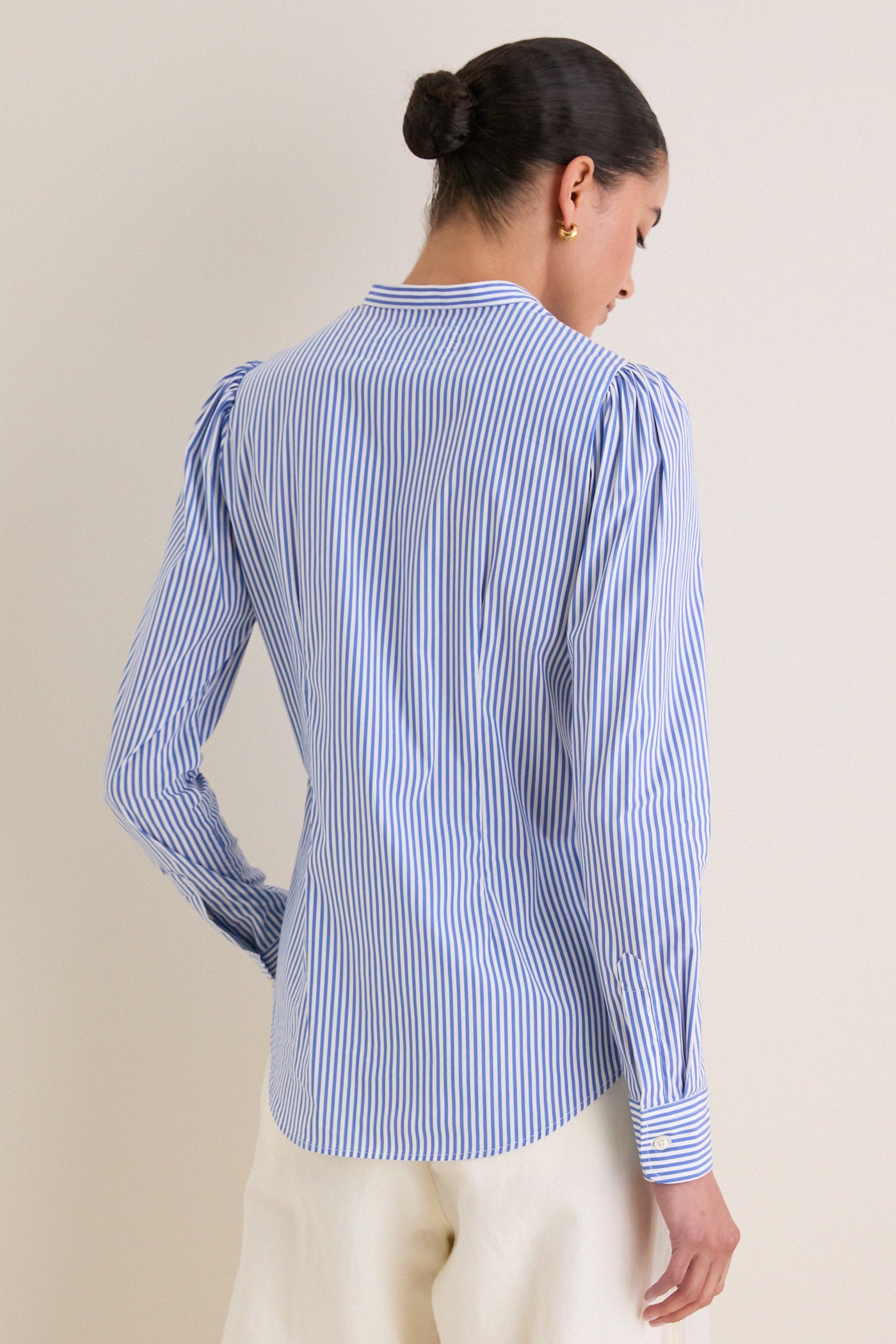 Blue and White Stripe Puffed Shoulder Shirt