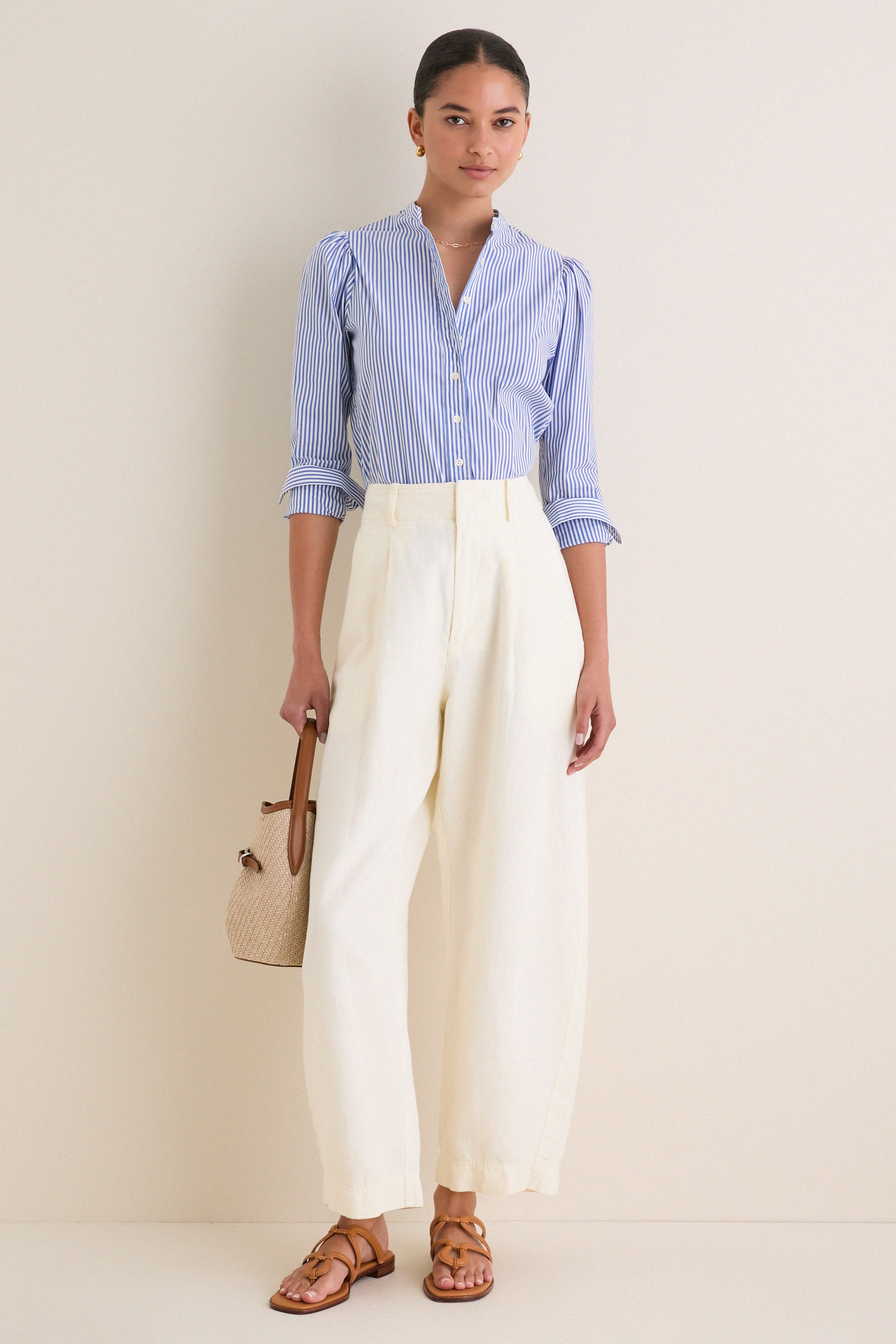 Blue and White Stripe Puffed Shoulder Shirt