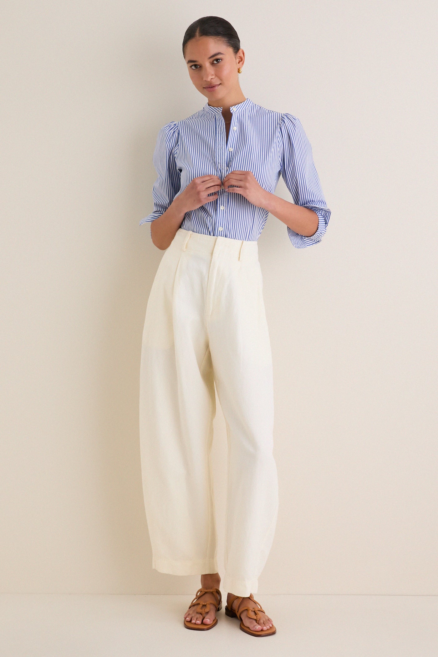 Blue and White Stripe Puffed Shoulder Shirt