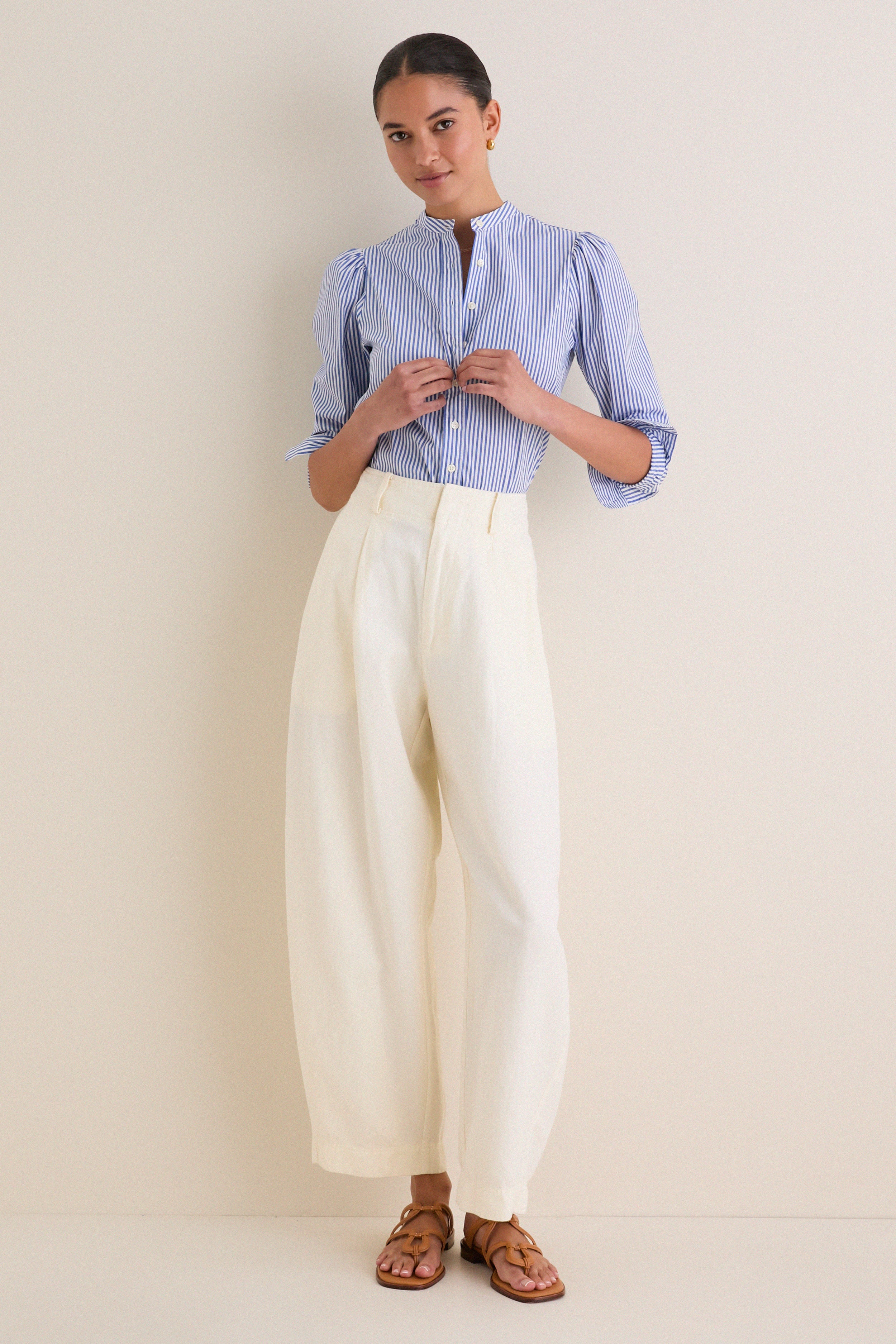 Blue and White Stripe Puffed Shoulder Shirt