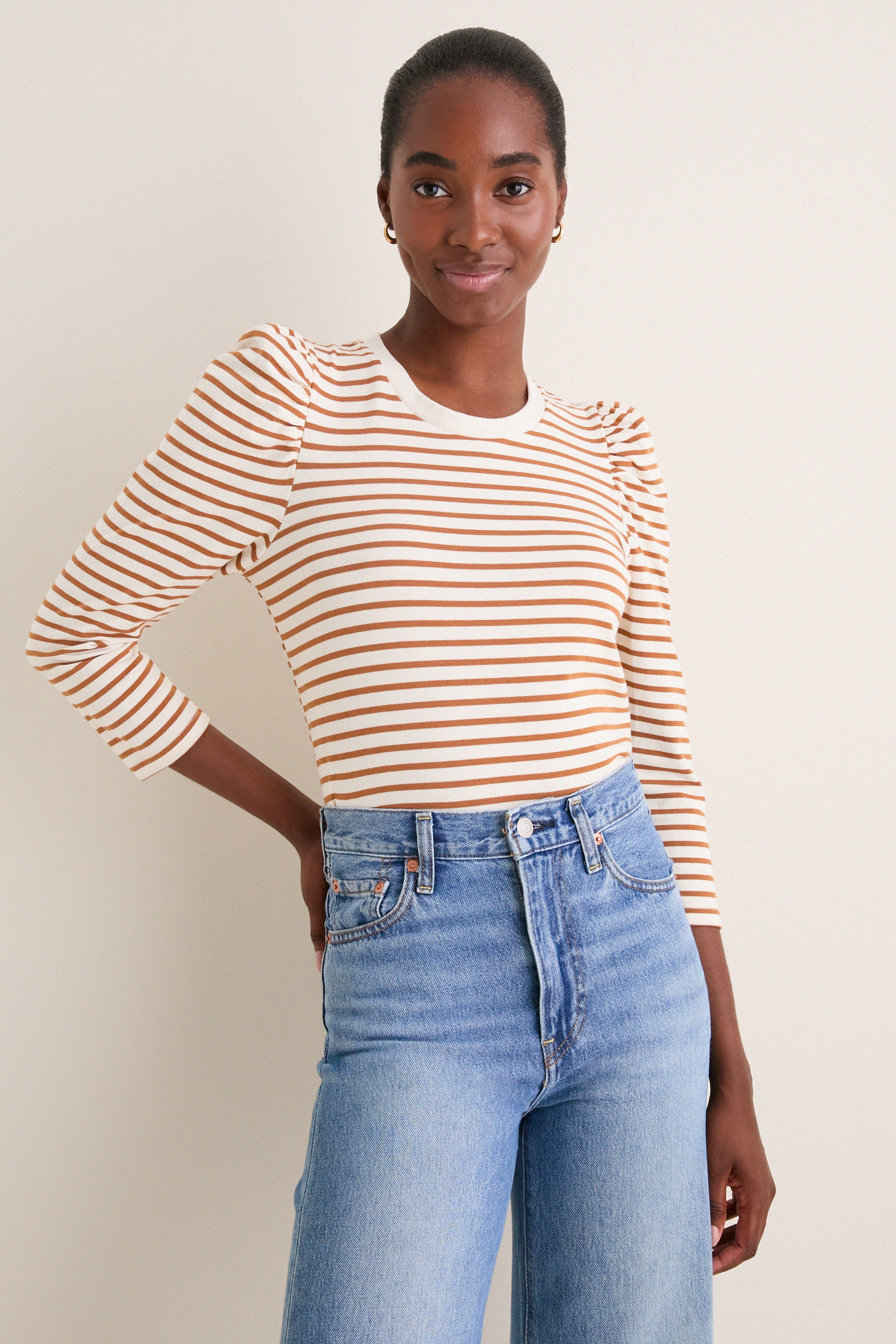 Tan Striped Vesty Long Sleeve Crewneck