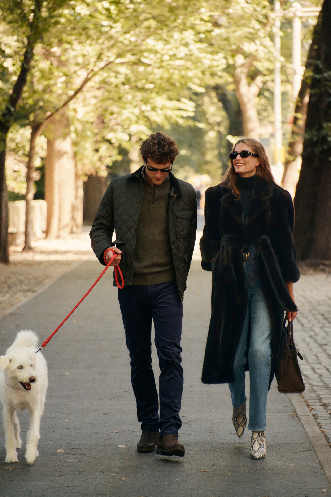 On the left, a man walks a dog while wearing an olive quilted jacket, an olive quarter-zip sweaters, blue pants, sunglasses and brown boots. On the right, a woman walks while wearing a black turtleneck, a brown full-length fur coat, blue jeans, and snakeskin boots. She carries a brown suede tote bag and wears sunglasses.