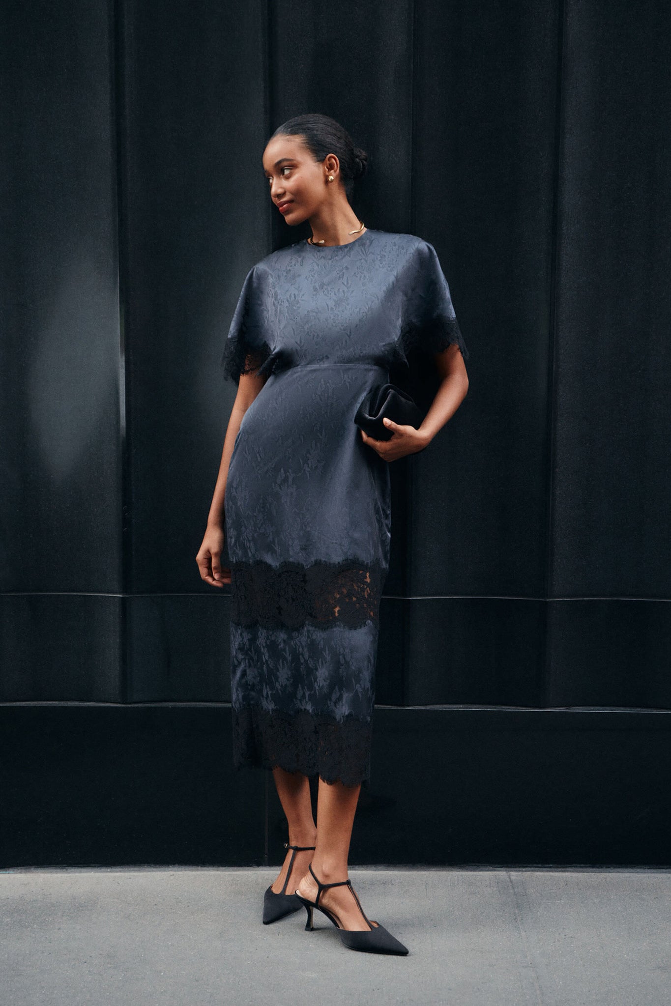 Navy Jacquard and Black Lace Cape Leah Dress | Tuckernuck