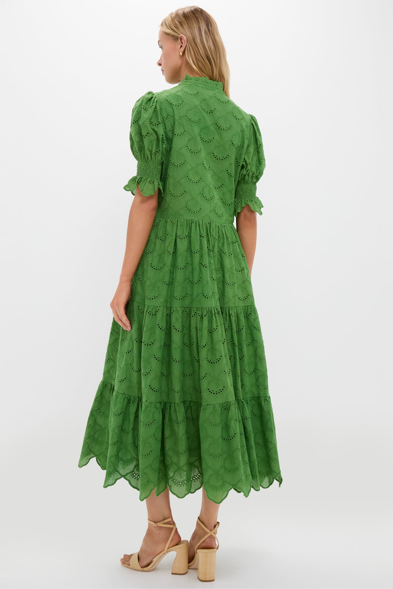 belati forest green eyelet dress CHICWISH Women Embroidered Eyelet Frilling Midi Dress Cotton V Neck Button Short Sleeve Flowy Summer Green Dress with Belt at Amazon Women's Clothing store