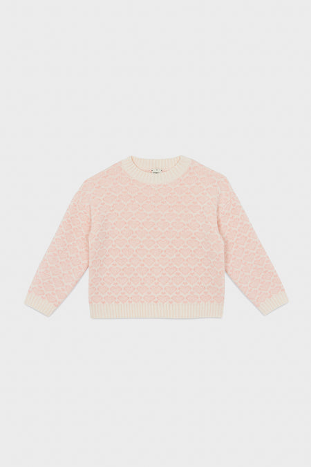 A light pink knit Pink Heart Sweater with a textured diamond pattern and cream ribbed trim from Bonton—perfect for kids’ wardrobes.