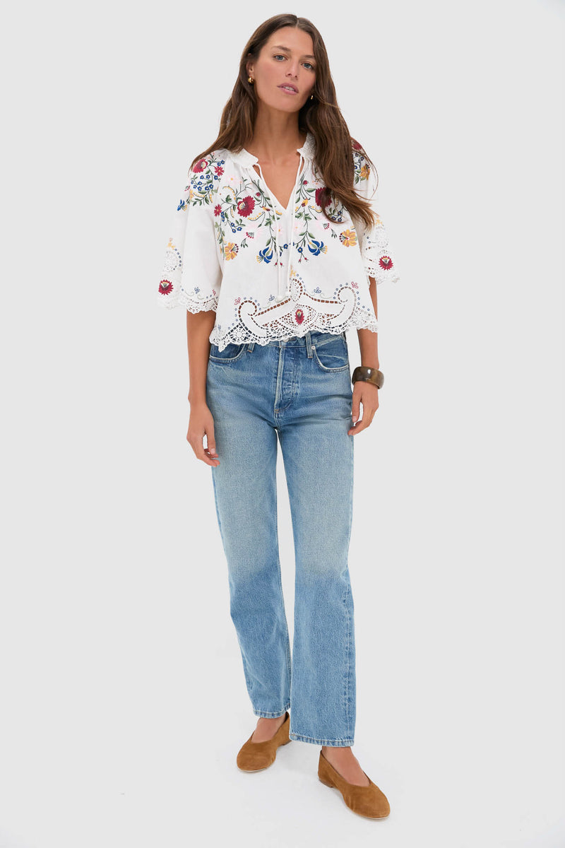 Cream Celia Embroidery Short Sleeve Top