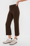 Classic and effortless Petite Chocolate Brown Compression September Pant, cropped with zip-pocket details, paired with fun pom-pom socks and high-end cream oxfords.
