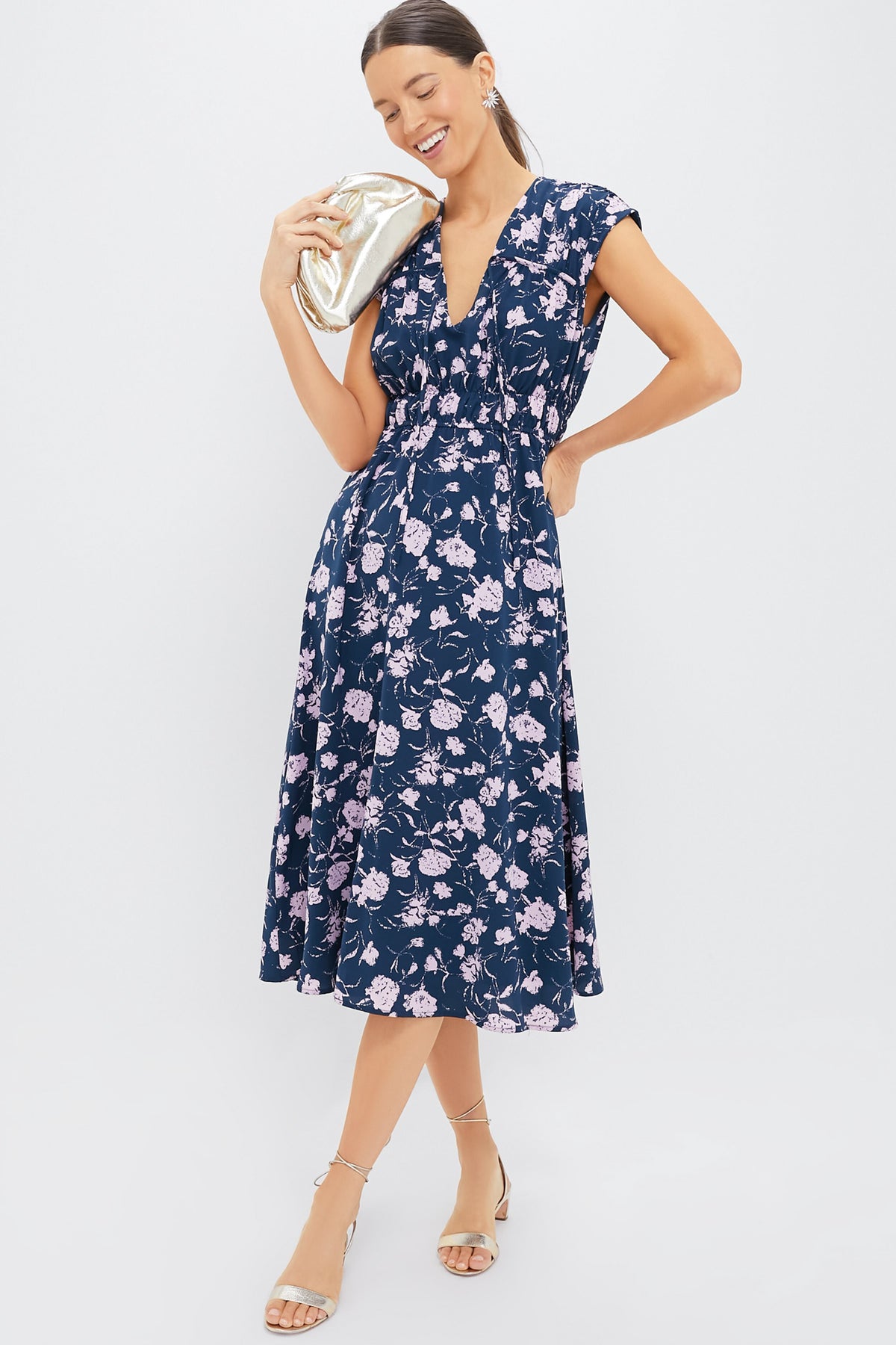 Navy & Blush Abstract Floral Amanda Midi Dress