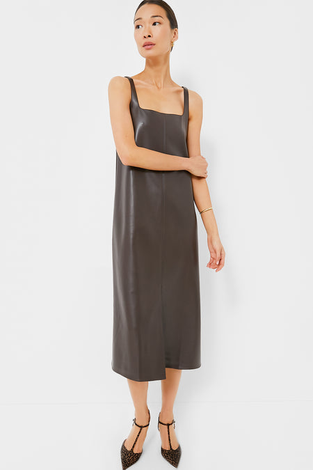 Chocolate Faux Leather Square Neck Olga Dress