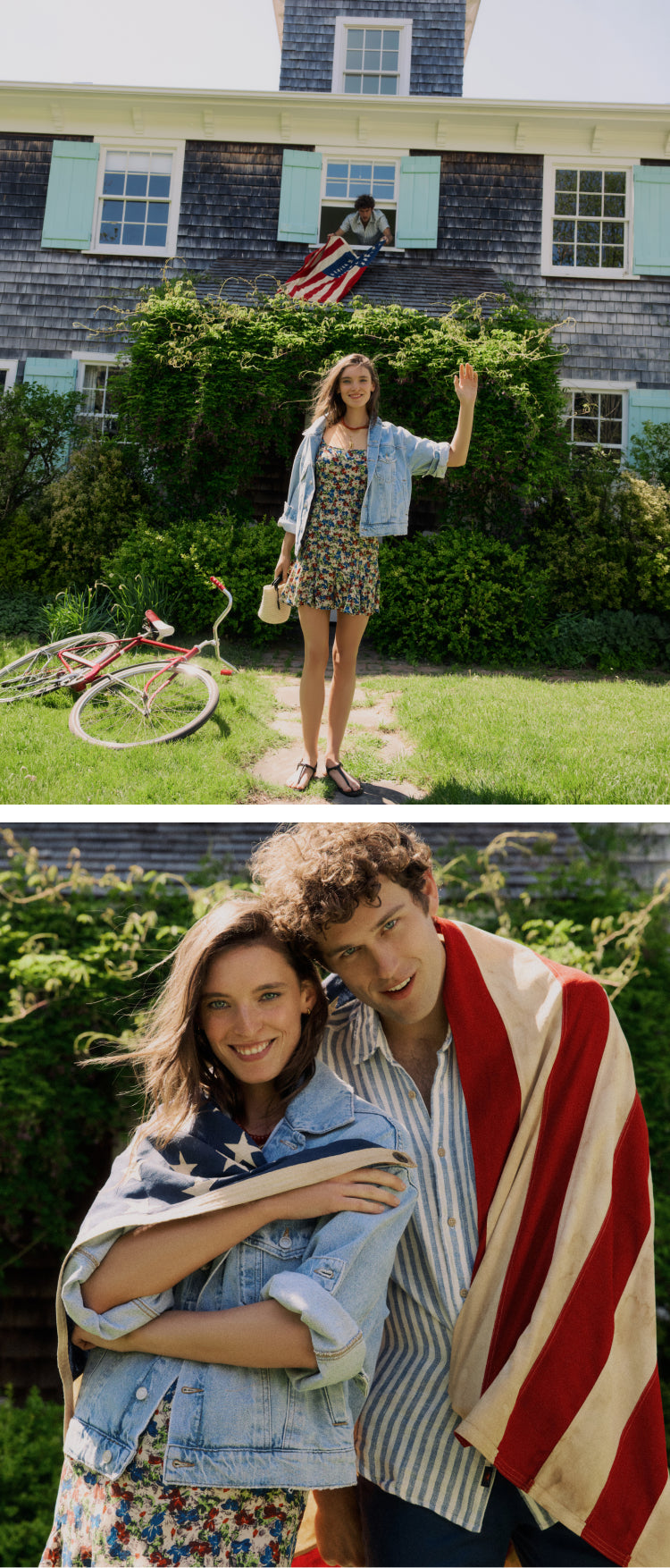 Top: Woman standing and waving outside a house in a jean jacket and floral printed dress. Bottom: Couple wrapped in an American flag. Woman in a jean jacket and floral printed dress. Man in a blue striped shirt and navy shorts. 