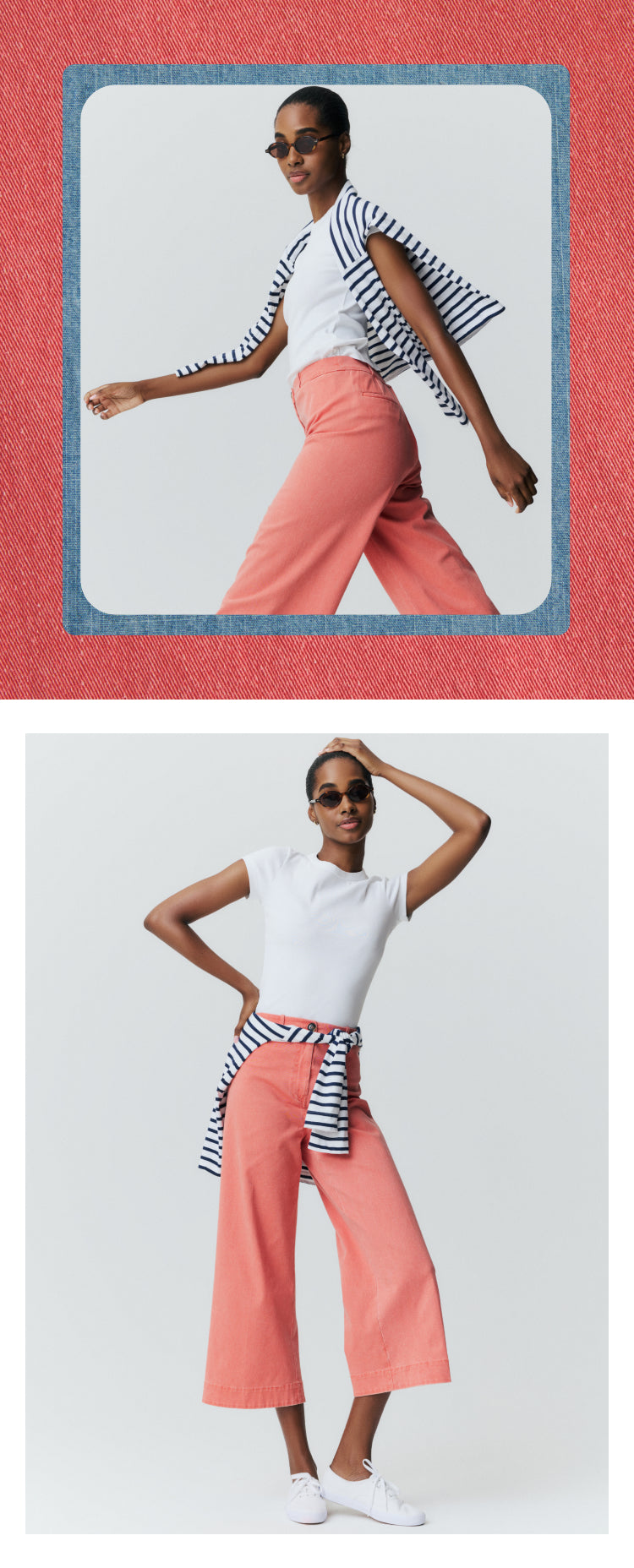 Top: Woman walking with a blue and white striped tee over her shoulders, a white tee and red pants. Bottom: Woman posing in a white tee and red pants, with a blue and white striped tee around her waist. 
