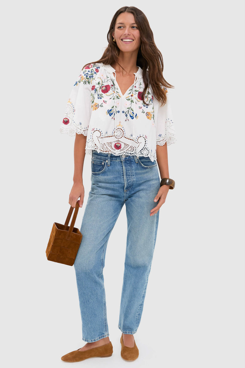 Cream Celia Embroidery Short Sleeve Top